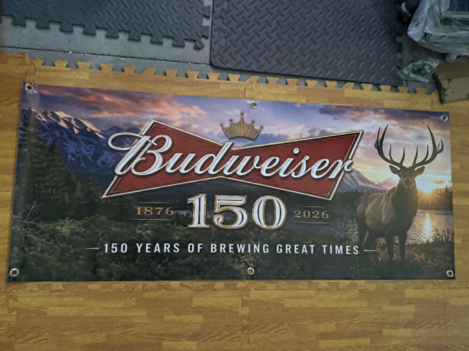 Budweiser 150th Anniversary Banner 48×20 Beer Bar Sign Man Cave Garage Cabin