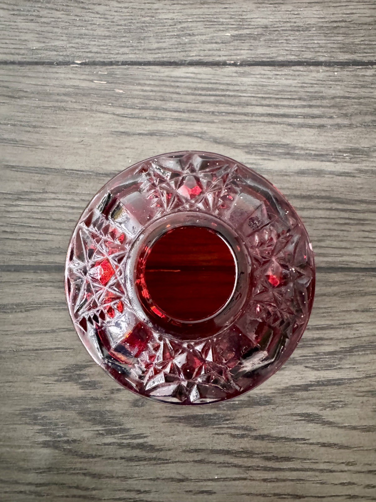 Vtg Red Indiana Glass Stars Bars Fairy Lamp Ruby Flash Candle Holder 6 1/2″