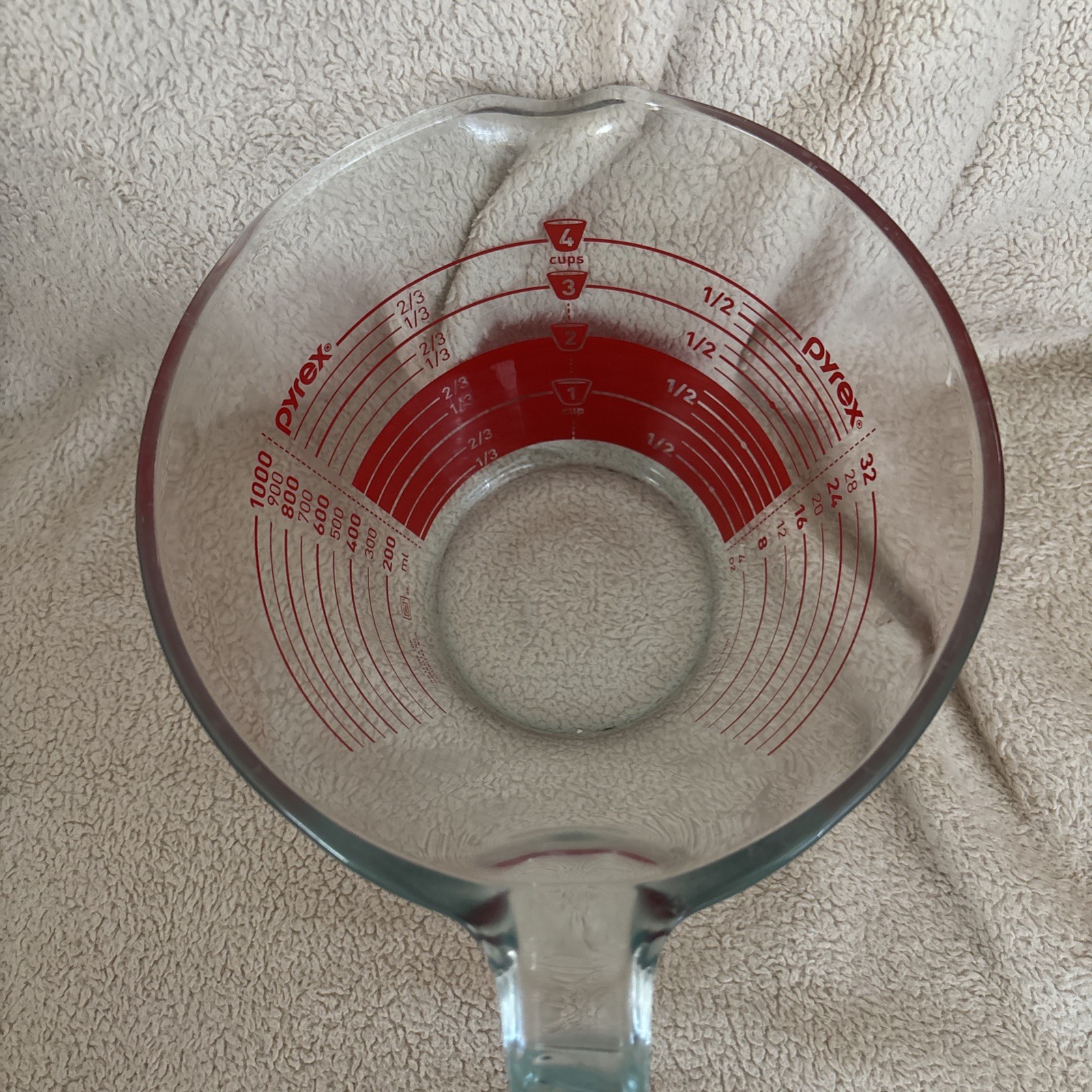 Pyrex 4 Cup Measuring Cup Red Reverse Read Inside Vintage Made In USA 1000mL