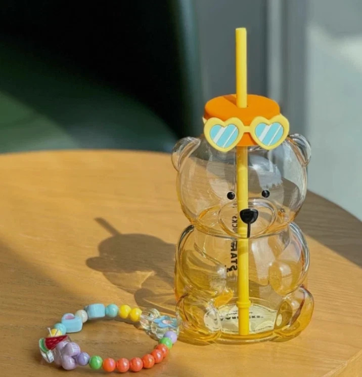 2025 China Starbucks Tropical Ambience 25oz Bear Shaped Glass Straw Cup New