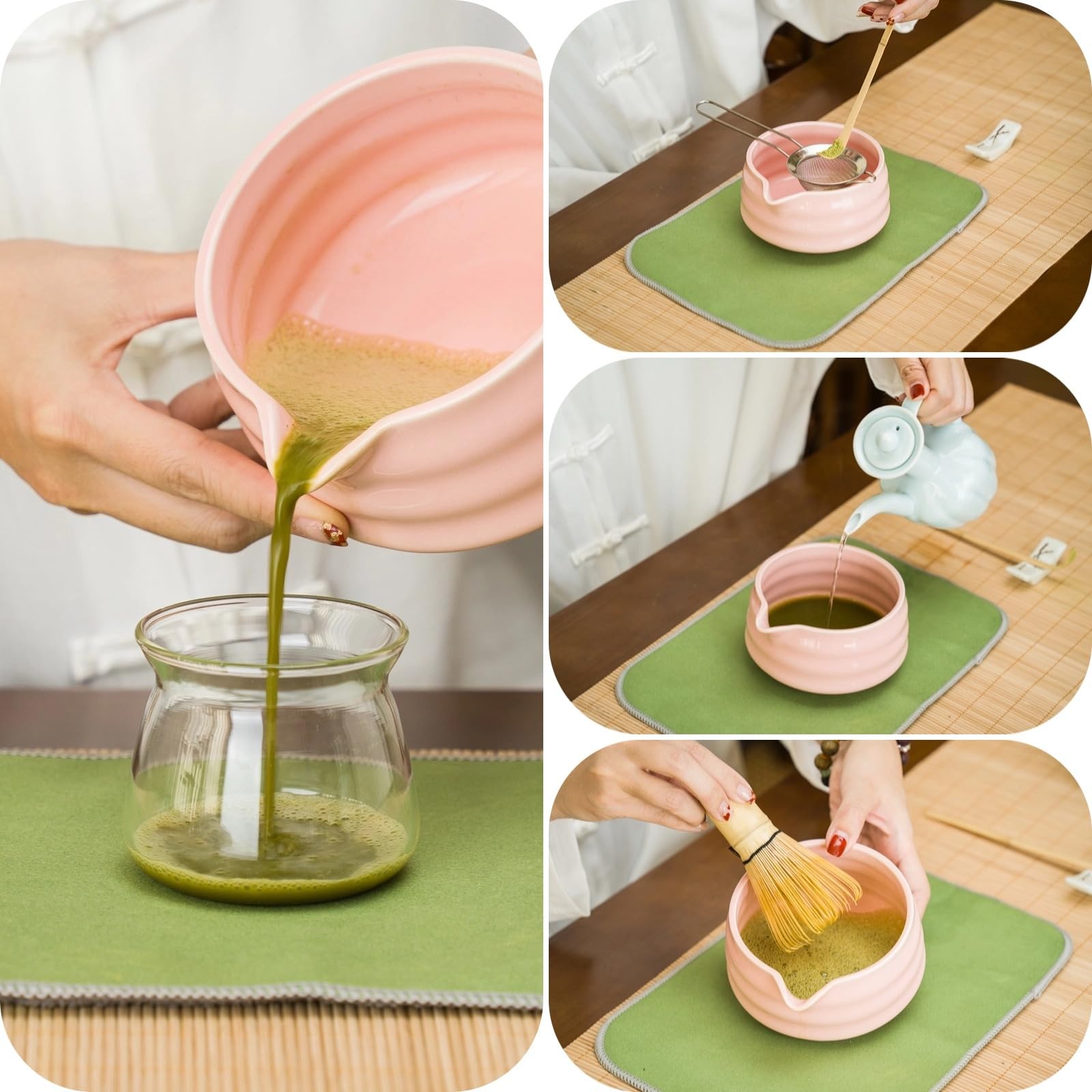 YEEMUOS Matcha whisk Set,7 Pcs Making Kit with Whisk, Pink