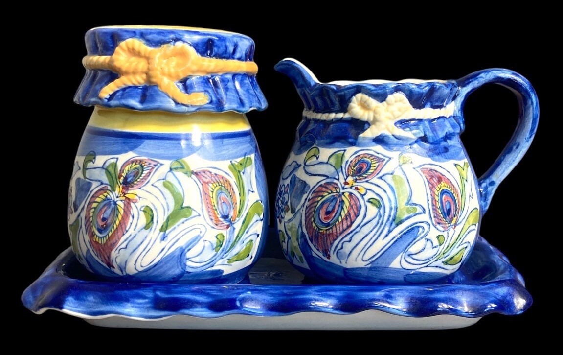 Vintage 4” Ceramic Creamer With Lid and Sugar Tray Blue Floral 4 Pieces