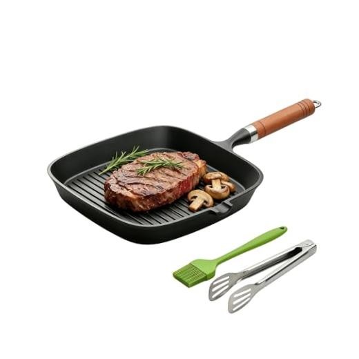 Cast Iron Grill Pan, 9 Inch Griddle Pan Skillet with Kitchen Tong & Brush