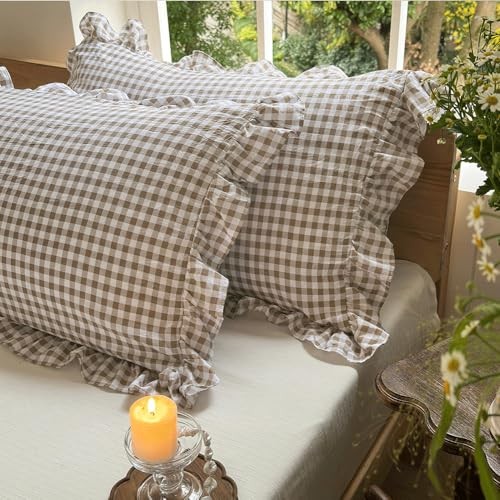 Tan Ruffled Plaid Gingham Standard 26″ x 20″ (Pack of 2) Tan Gingham Ruffled