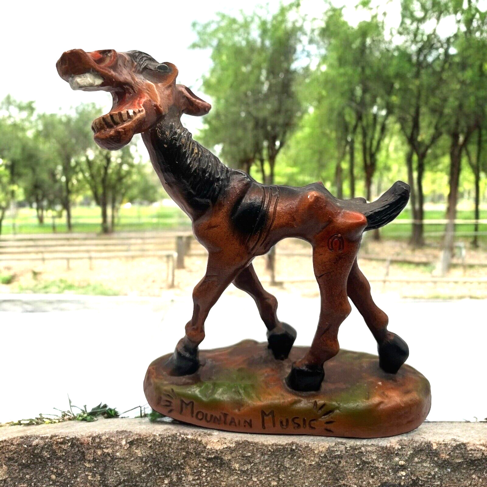 Kitschy Mountain Music Singing Donkey Chalkware Plaster Figurine 1940s 10″