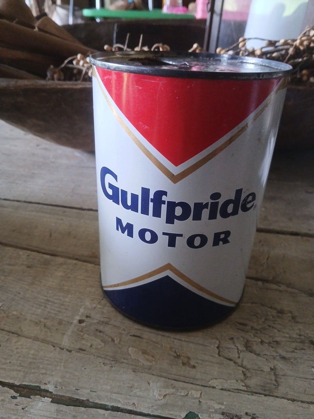 VINTAGE ORIGINAL 1 QT QUART GULF GULFPRIDE MOTOR OIL METAL CAN GAS OIL