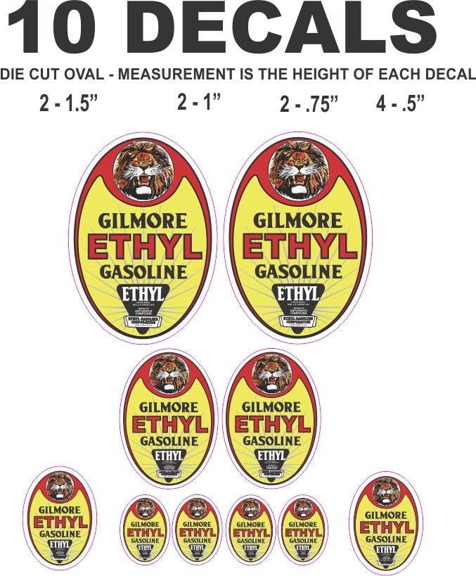 10 Gilmore Ethyl Gasoline Vinyl Decals