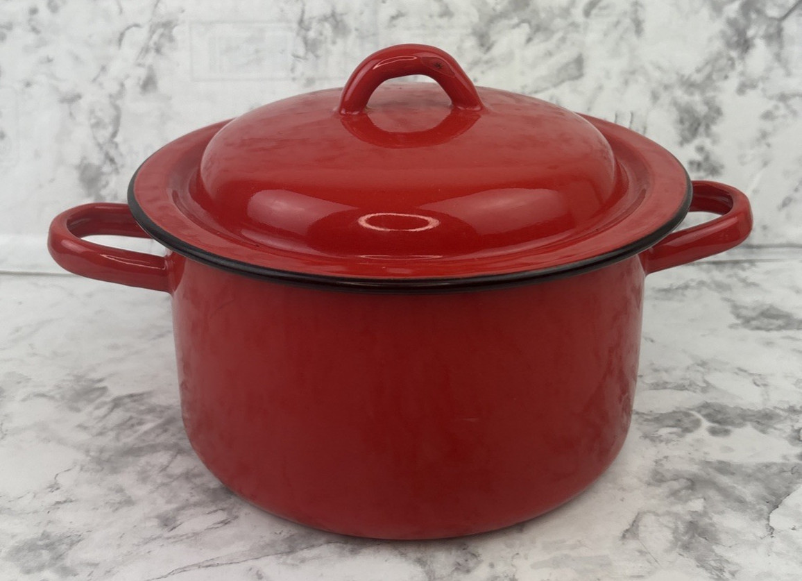 Vintage Red and Black Lidded Enamelware Pot With Handles Farmhouse Grandmacore