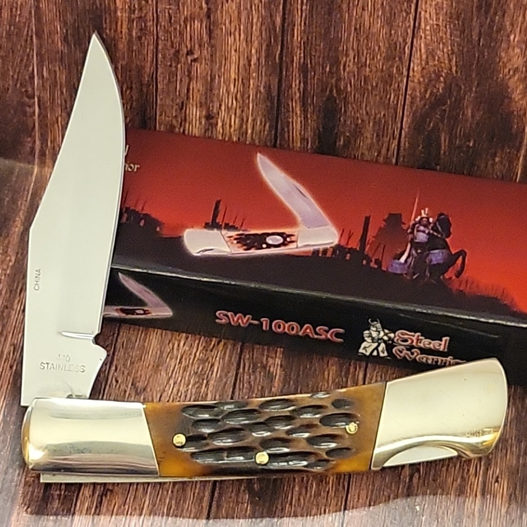 Steel Warrior SW100ASC Lockback Folding Pocket Knife 3.5″ Closed Jigged Bone
