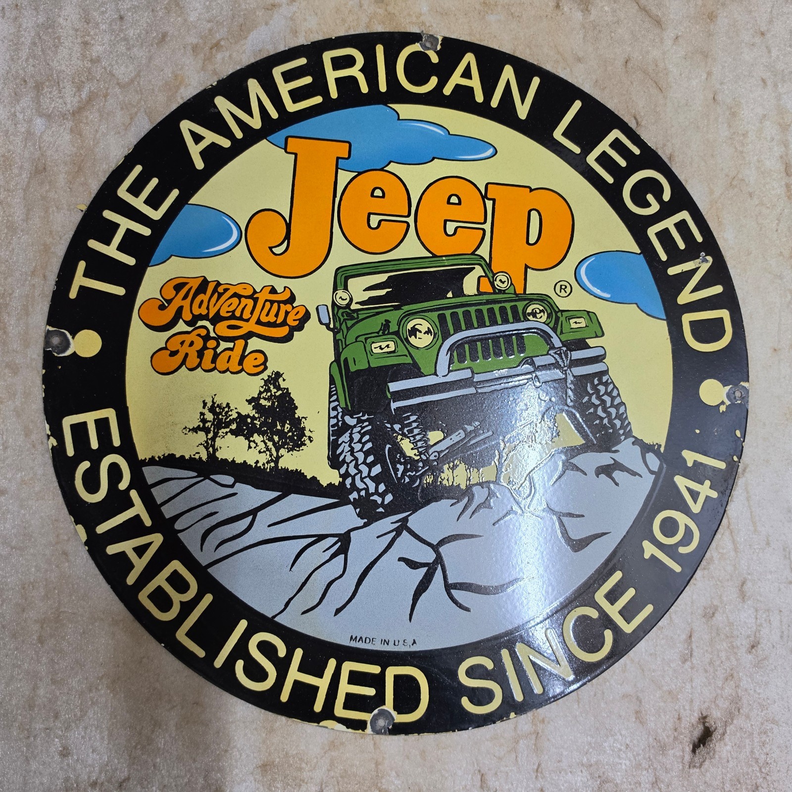 JEEP ADVENTURE 29 X 29 INCHES PORCELAIN ENAMEL SIGN