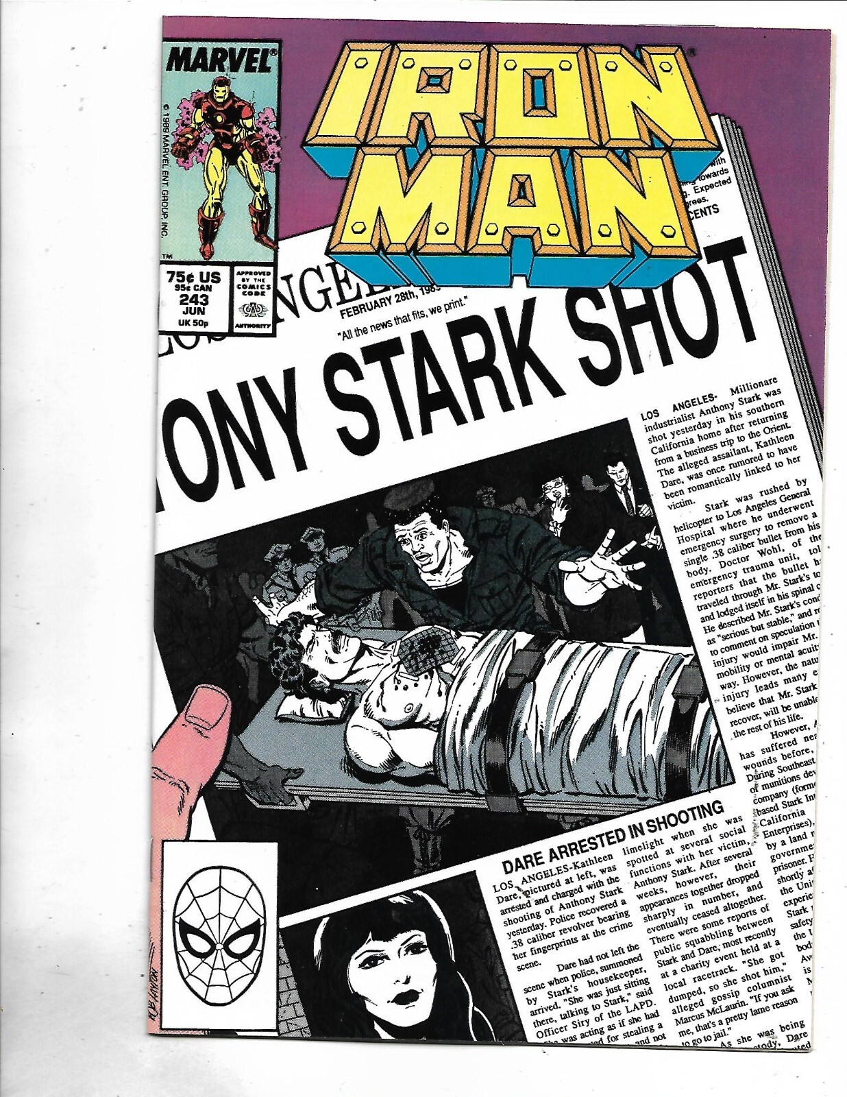 Iron man #243, 1989, 9.8, NEAR MINT/MINT, Tony Stark shot, Stan Lee Iron man