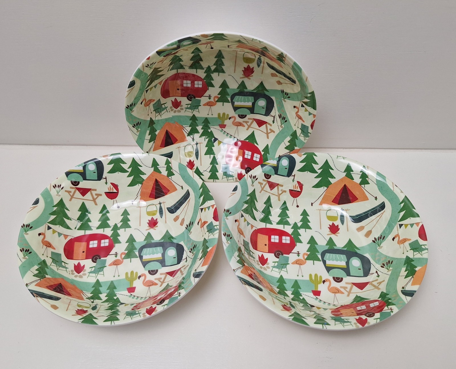 Set of 3 Melamine 24 oz. Cereal Bowls Great Outdoors Camping Theme – Exc!