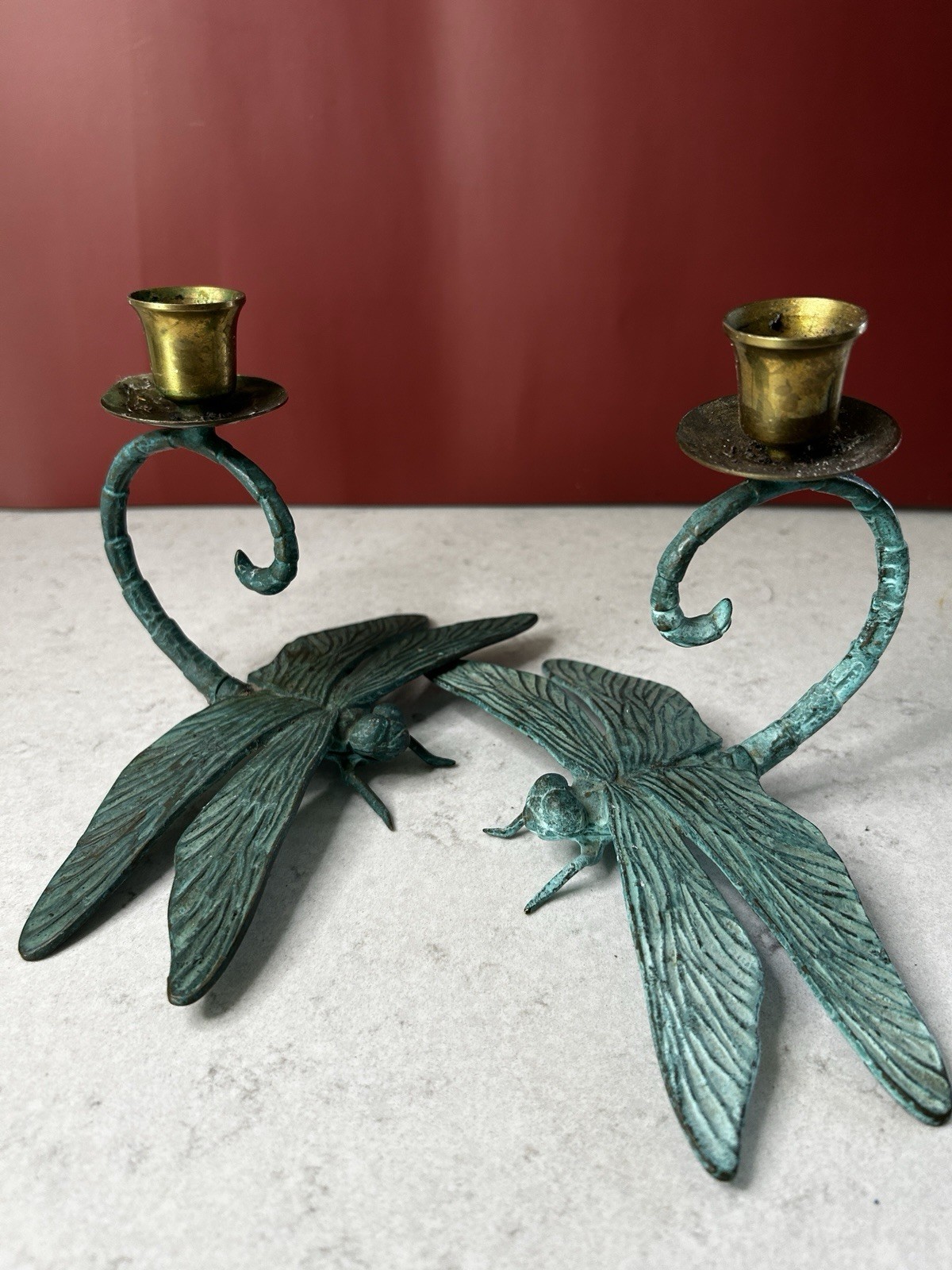 Vintage Set Of Brass Dragonfly Candle Holders Art Nouveau Boho Eclectic