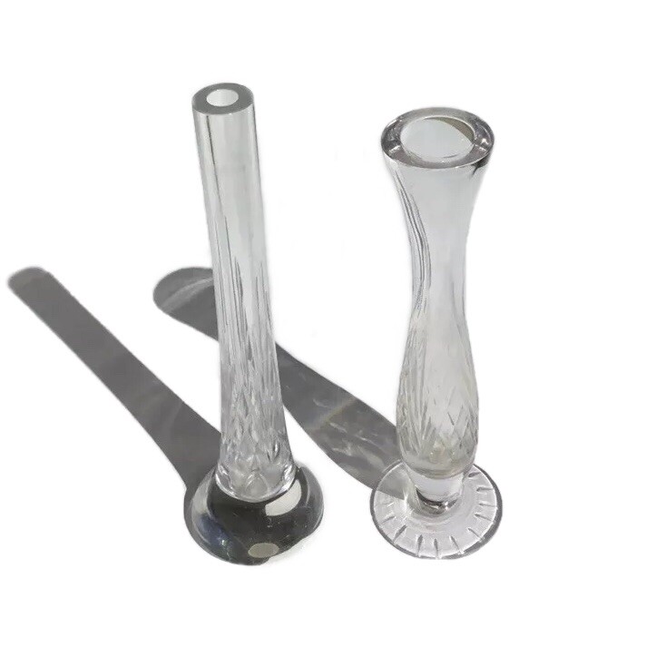 Flower Bud Vase Cut Clear Glass Pair Heavy 0.25in Thick 7in Tall Set Of 2