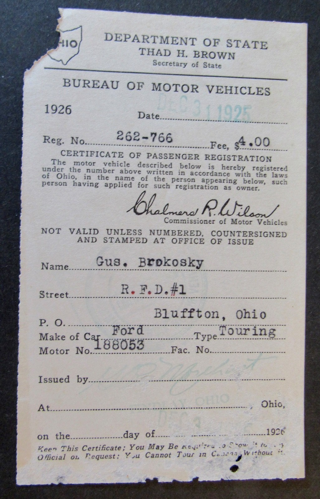 1926 Ohio FORD TOURING Motor Vehicle Passenger Registration – Bluffton Ohio