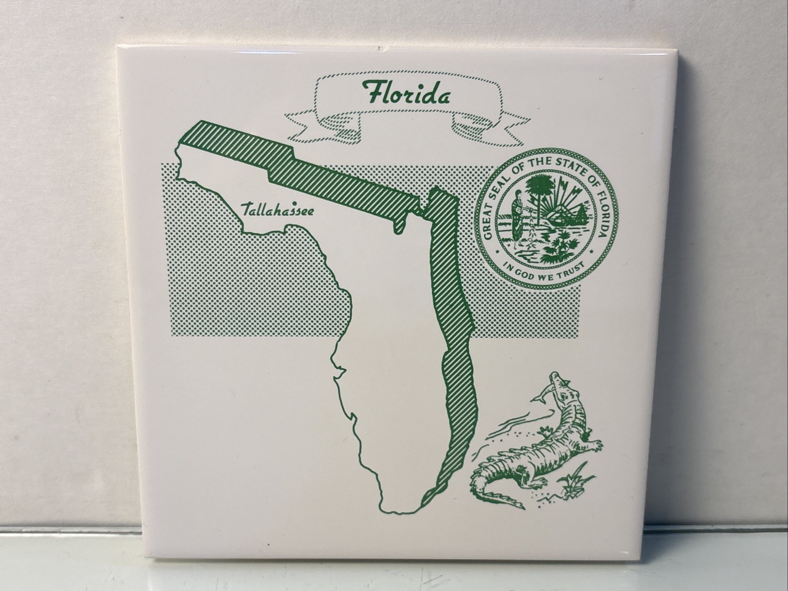 VNTG 1970s Florida Souvenir Ceramic Tile 6×6 Green Map Alligator Made in Japan