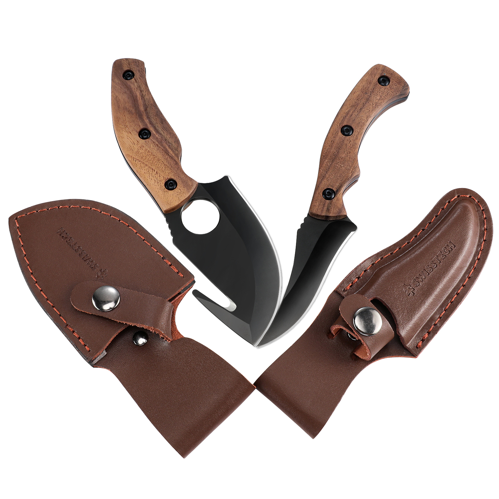Fixed Blade Survival Hunting Knife 2PC Full-Tang 7″ Gut Hook 6.5″ Skinning Knife