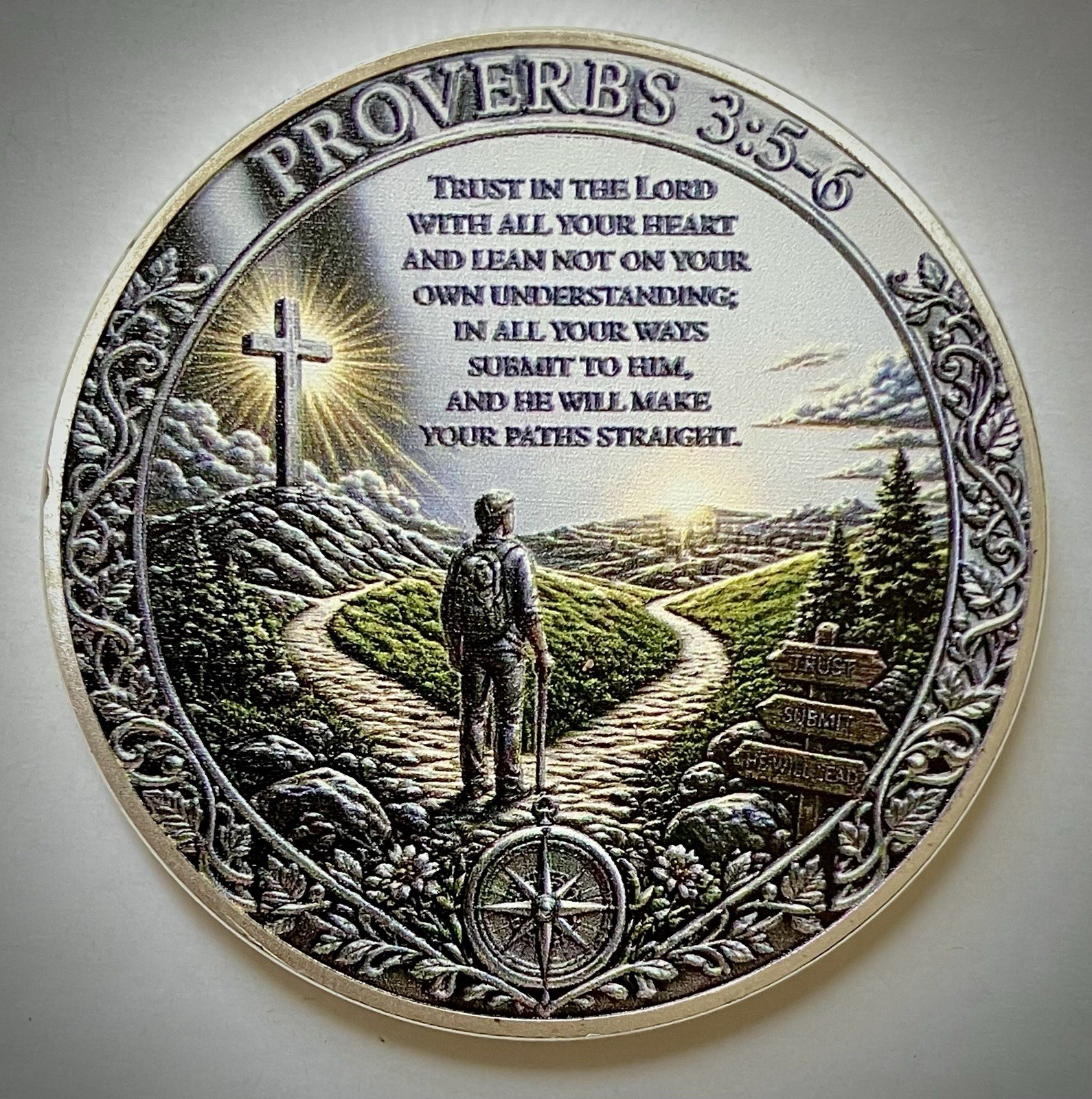 Proverbs 3:5-6 Challenge Coin-2D-Silver Colored-Matte Finish-New-Bible Verse