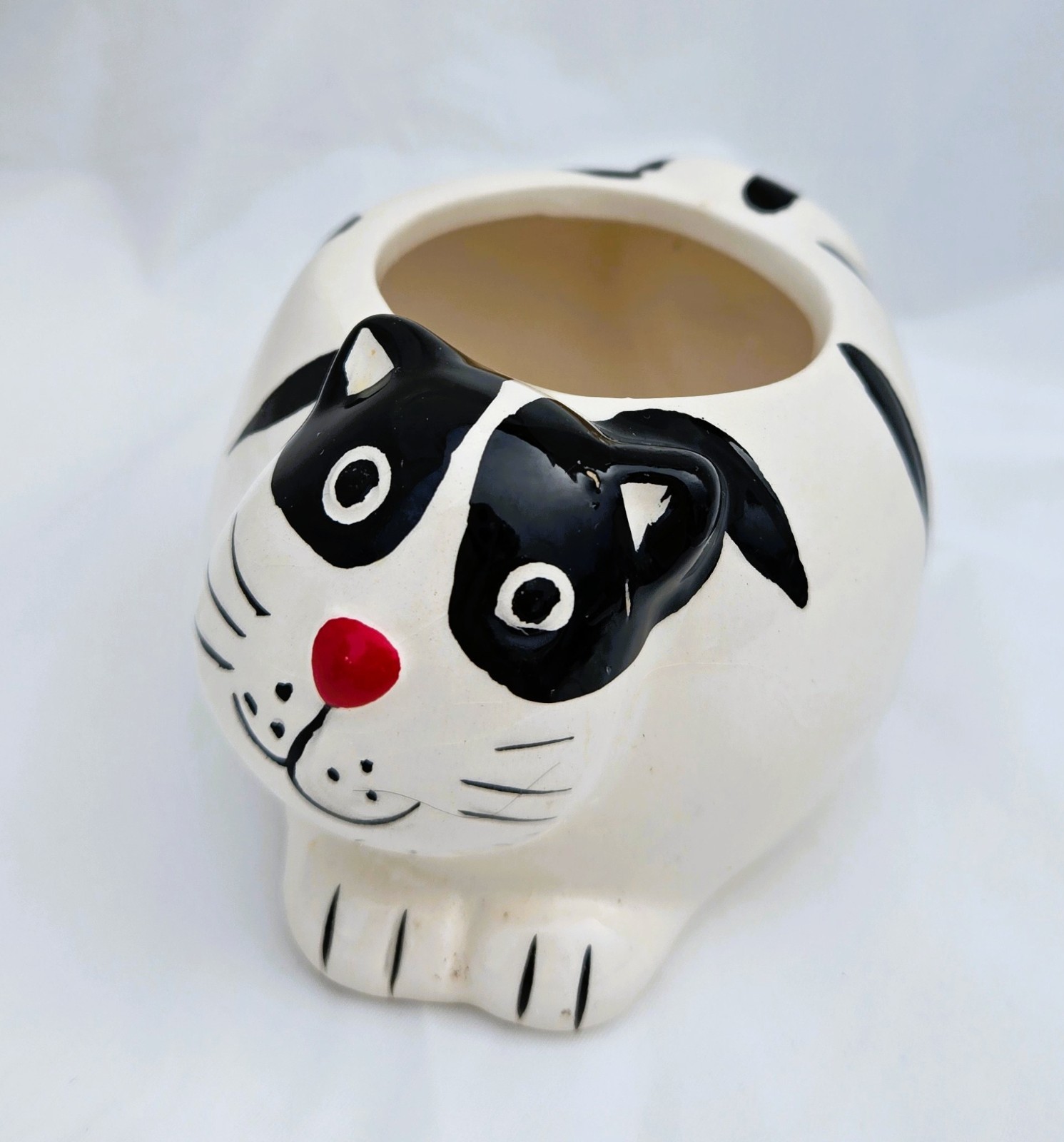 1970s Small Vintage Black & White Striped Tabby Cat Planter with Faux Succulent