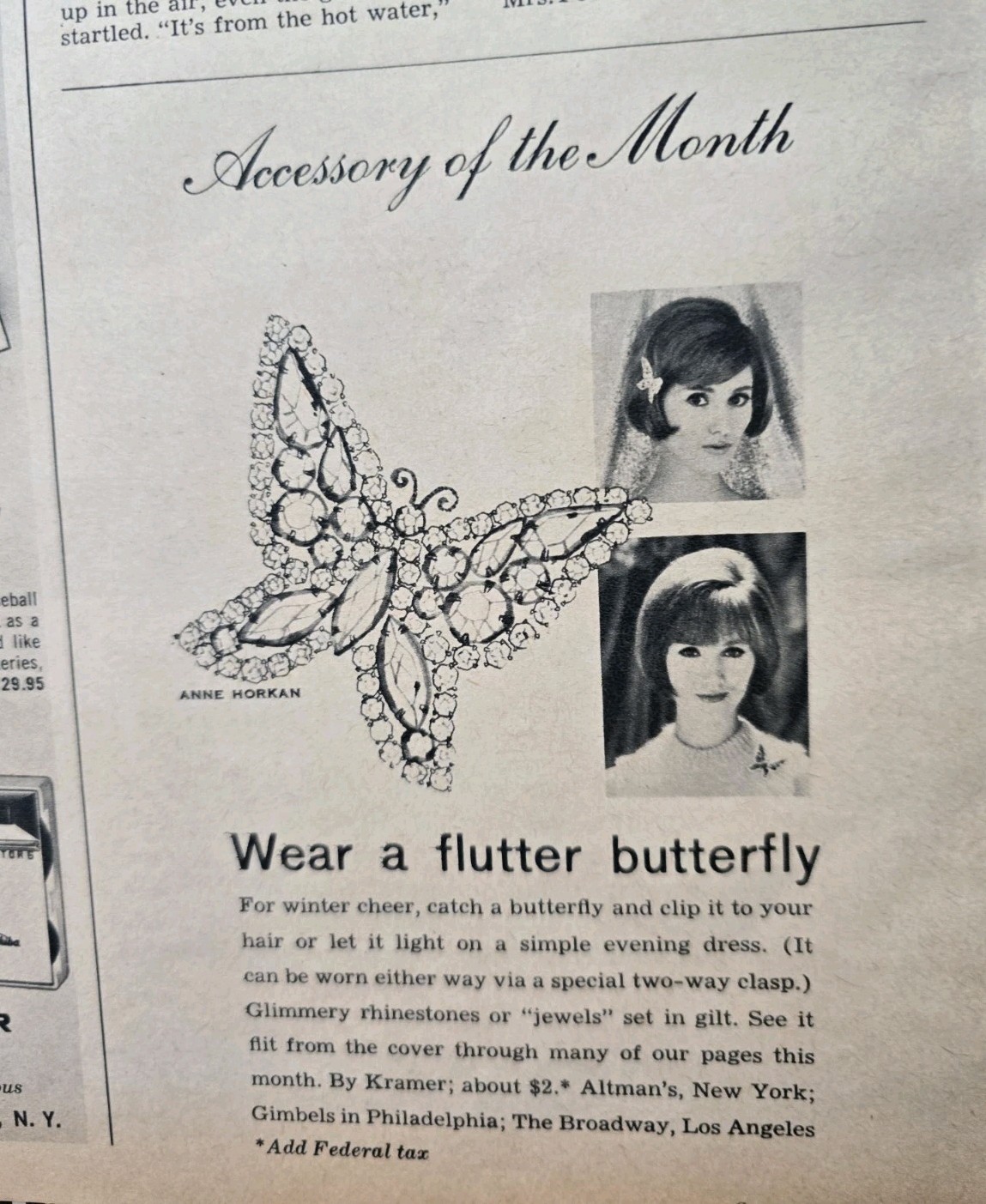 1961 Kramer Flutter Butterfly Rhinestone Pin Hair or Clothing Vintage Jewelry Ad