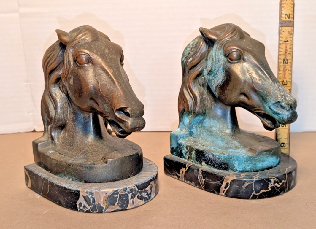 Antique Copper Brass Bronze Marble Horse Bookends
