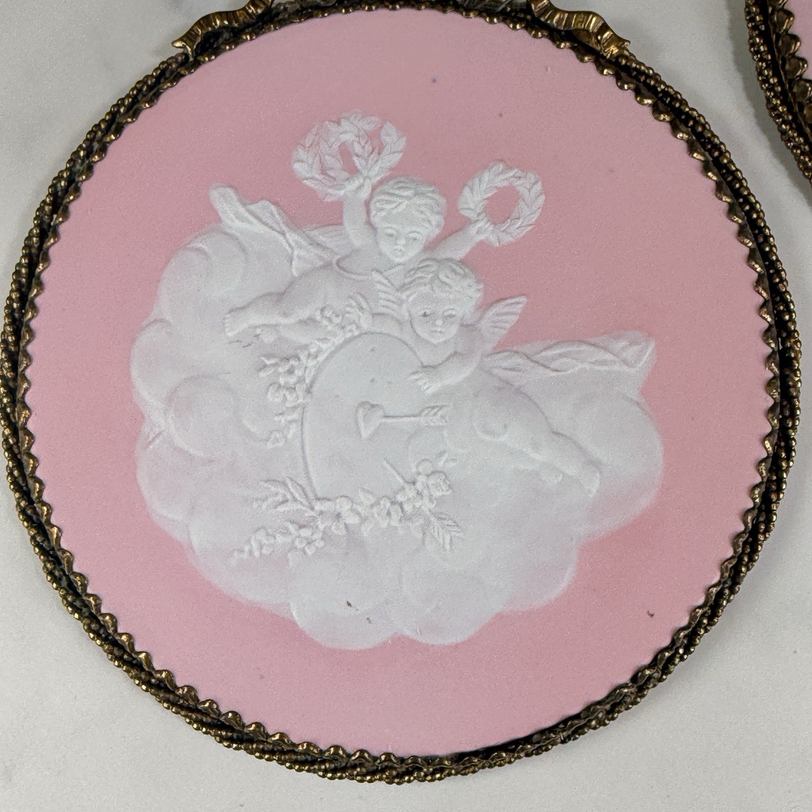 Pair Pink White Jasperware Plaques Putti Cherub Angels Framed Round 5.5″