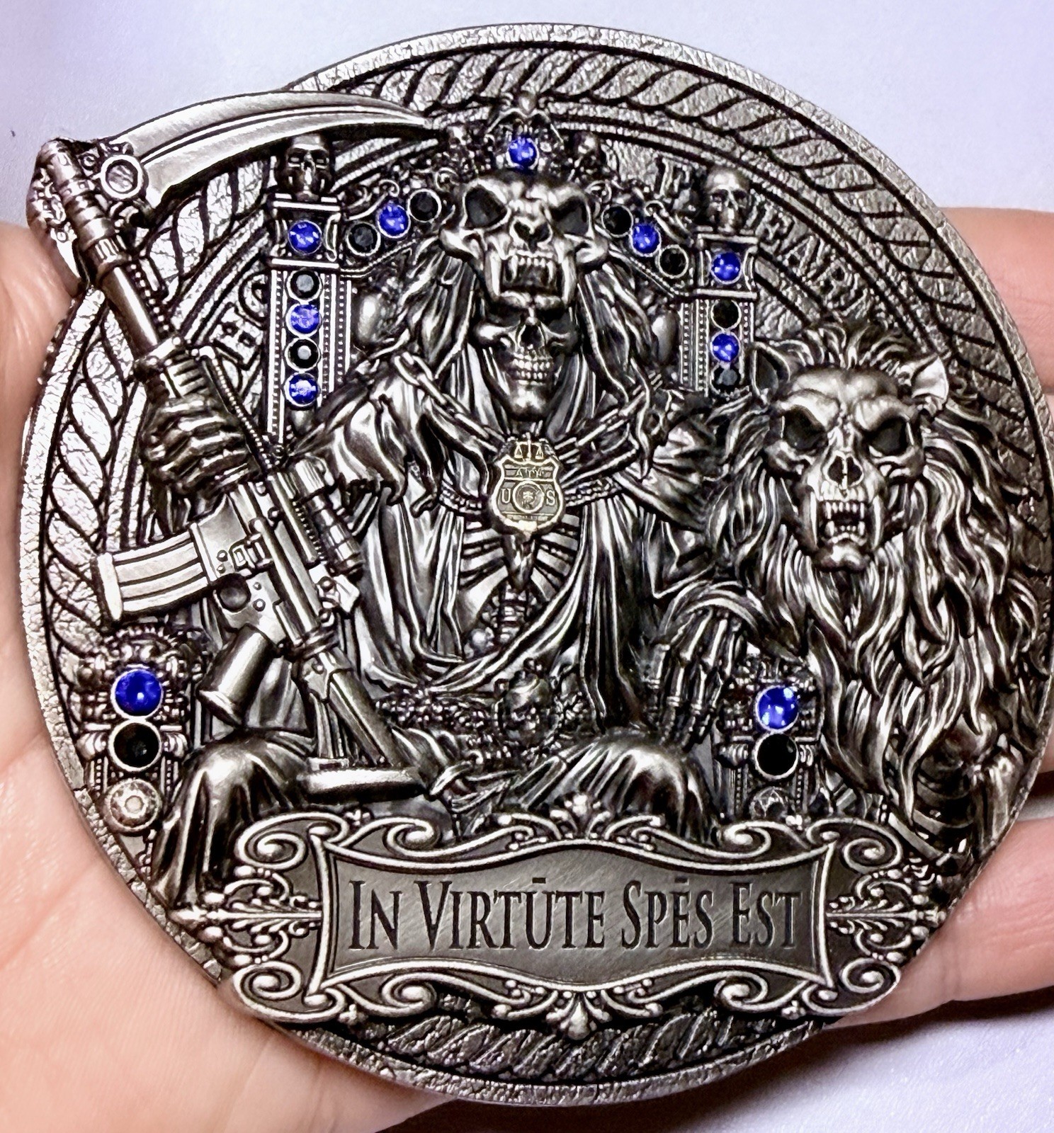 💥HD Coins In Virtute ATF Homicide Reaper Rhinestones Skull Challenge Coin Huge