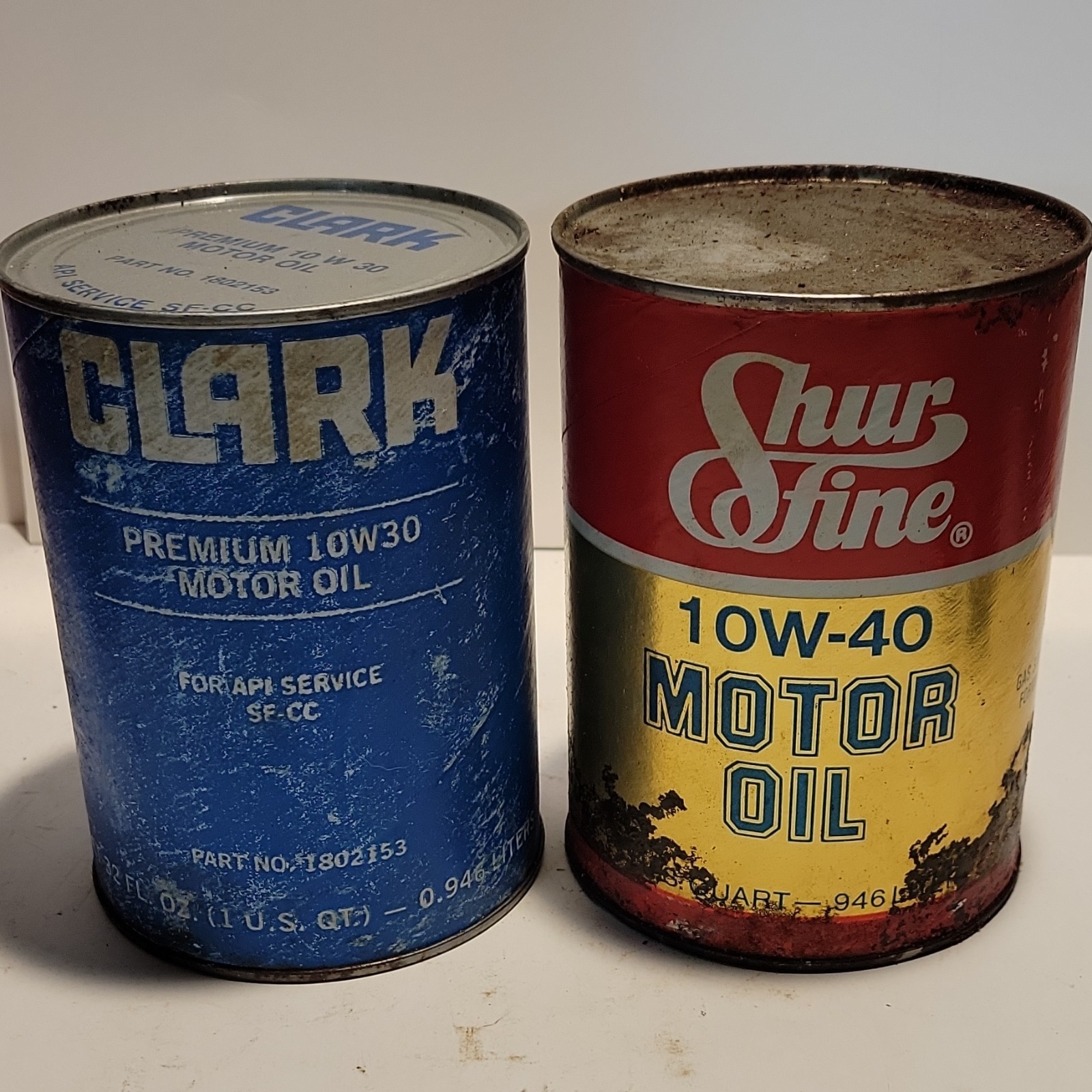 Clark 10W30 & Shur Fine 10W40 Motor Oil Advertising Cans Blue Red Yellow Gas & …