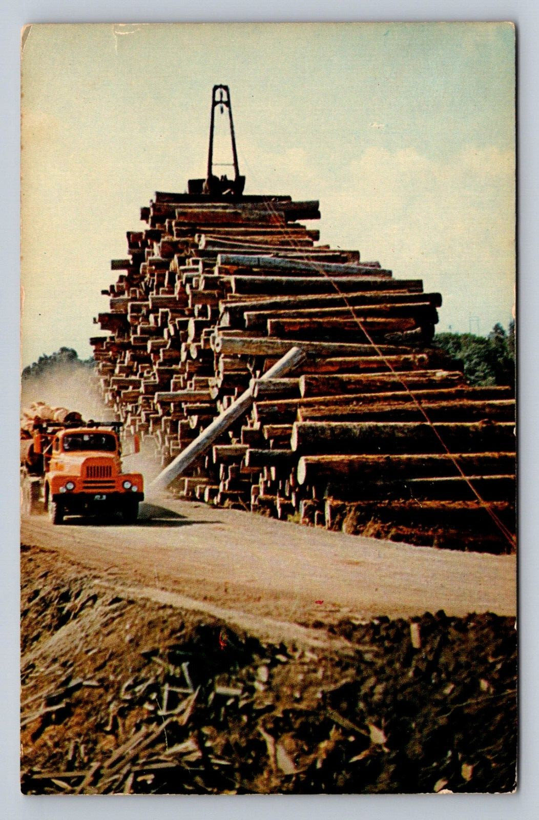 Postcard Oregon Washington Logging Truck Log Dump Storage Pile Chrome G019