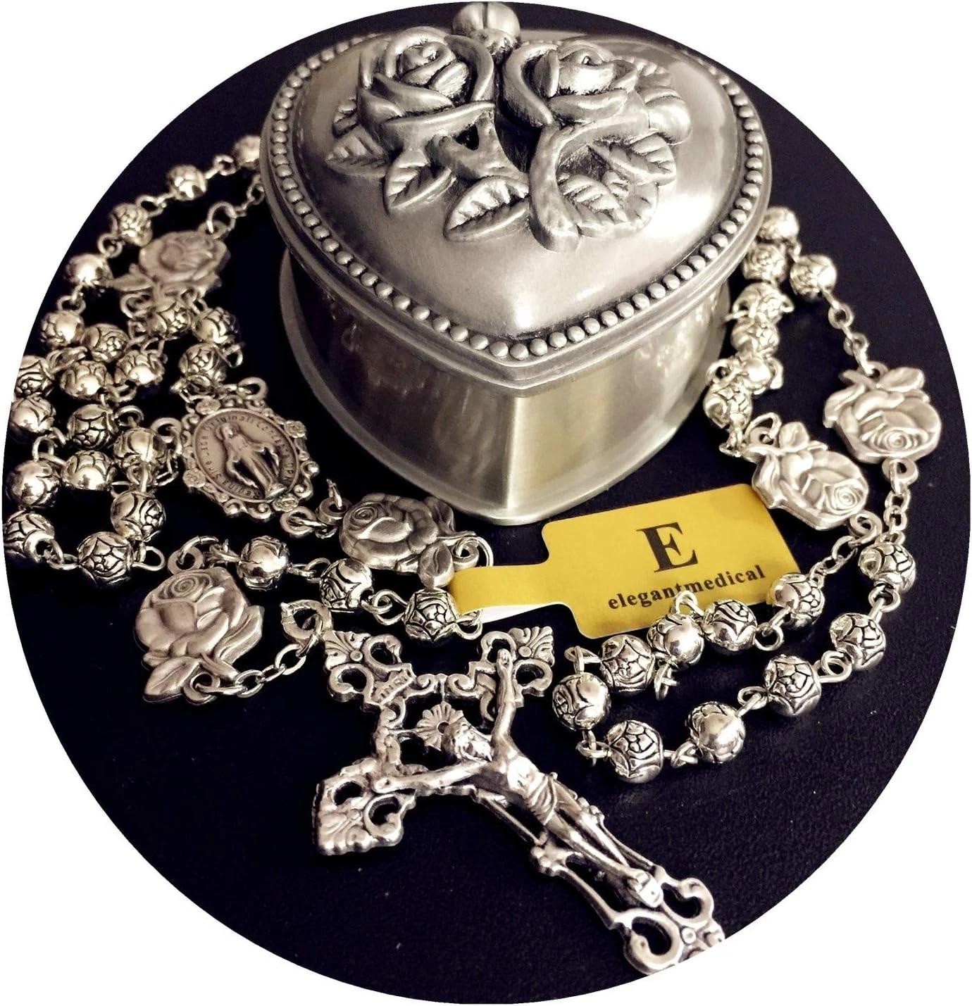 Handmade 925 Silver Rose Beads Catholic 5-decade Rosary with Cross Gift ..