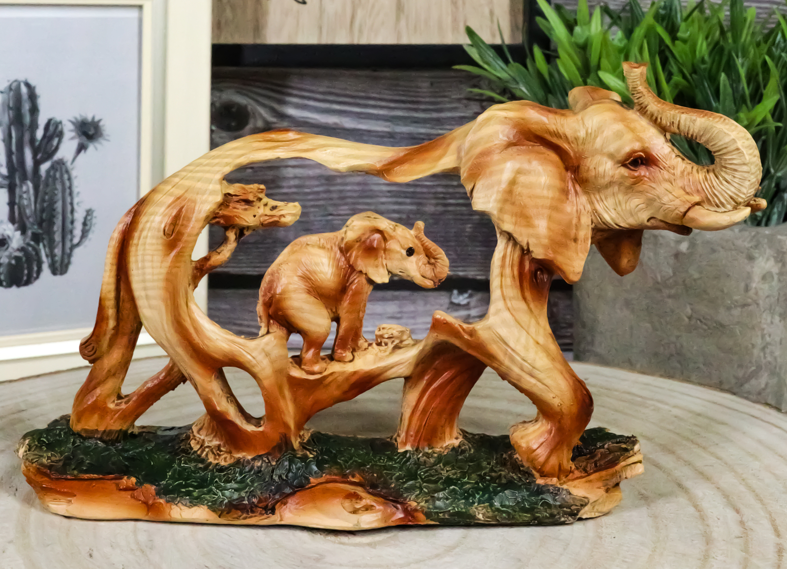 Faux Wood Elephant Family Migration Elephant Walking With Baby Calf Statue 7″L