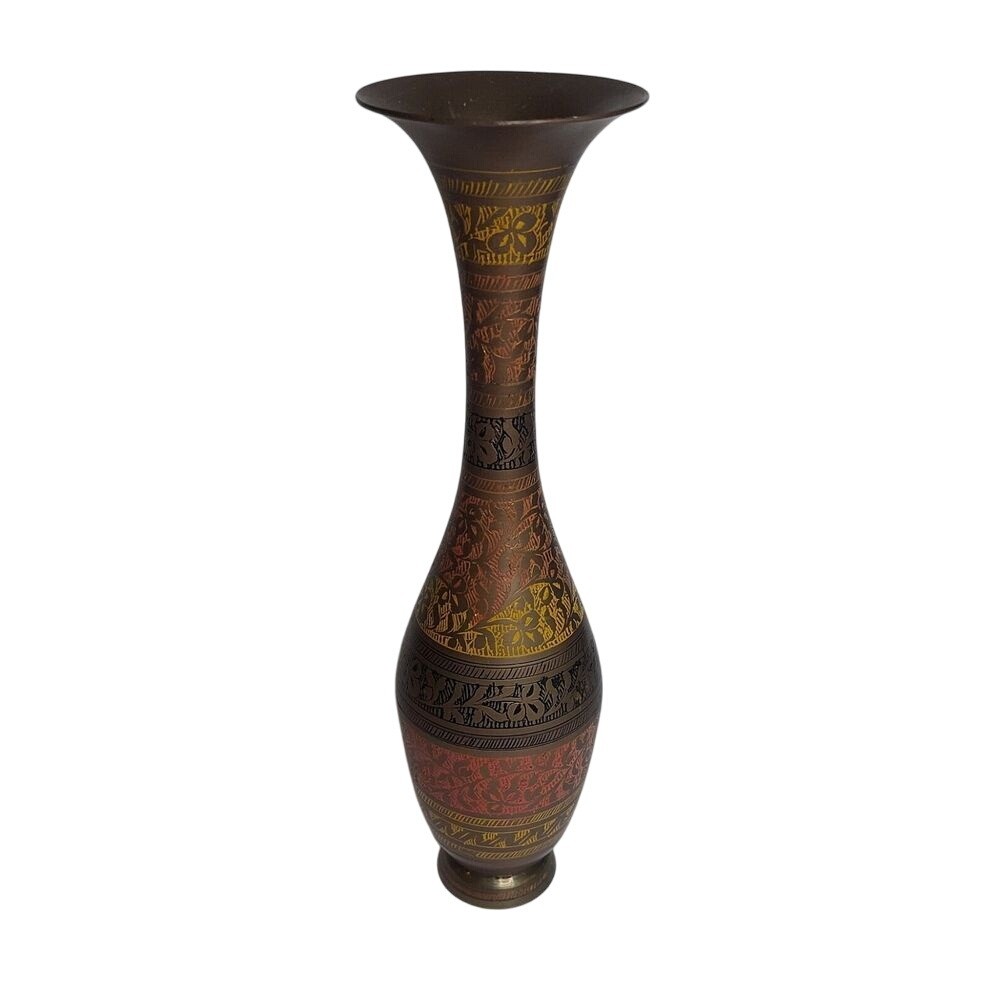 Vintage Brass Floral Vase Hand Decorated made in India 13in Tall #382