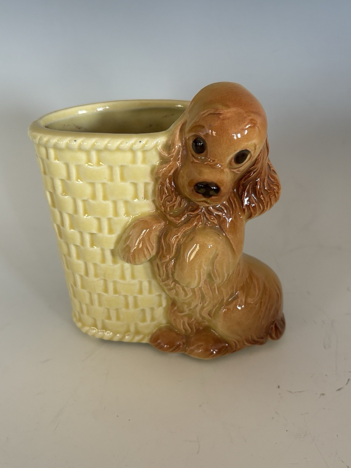 Vintage Royal Copley Cocker Spaniel w/ Yellow Basket Planter- 5.25″ Tall