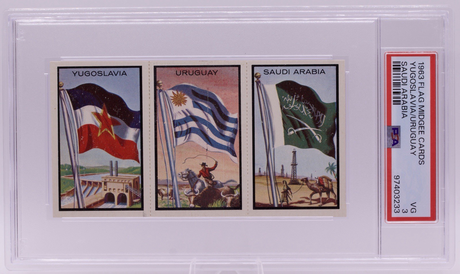 1963 Flag Midgee Cards Yugoslavia Uruguay Saudi Arabia PSA VG 3 Uncut Strip