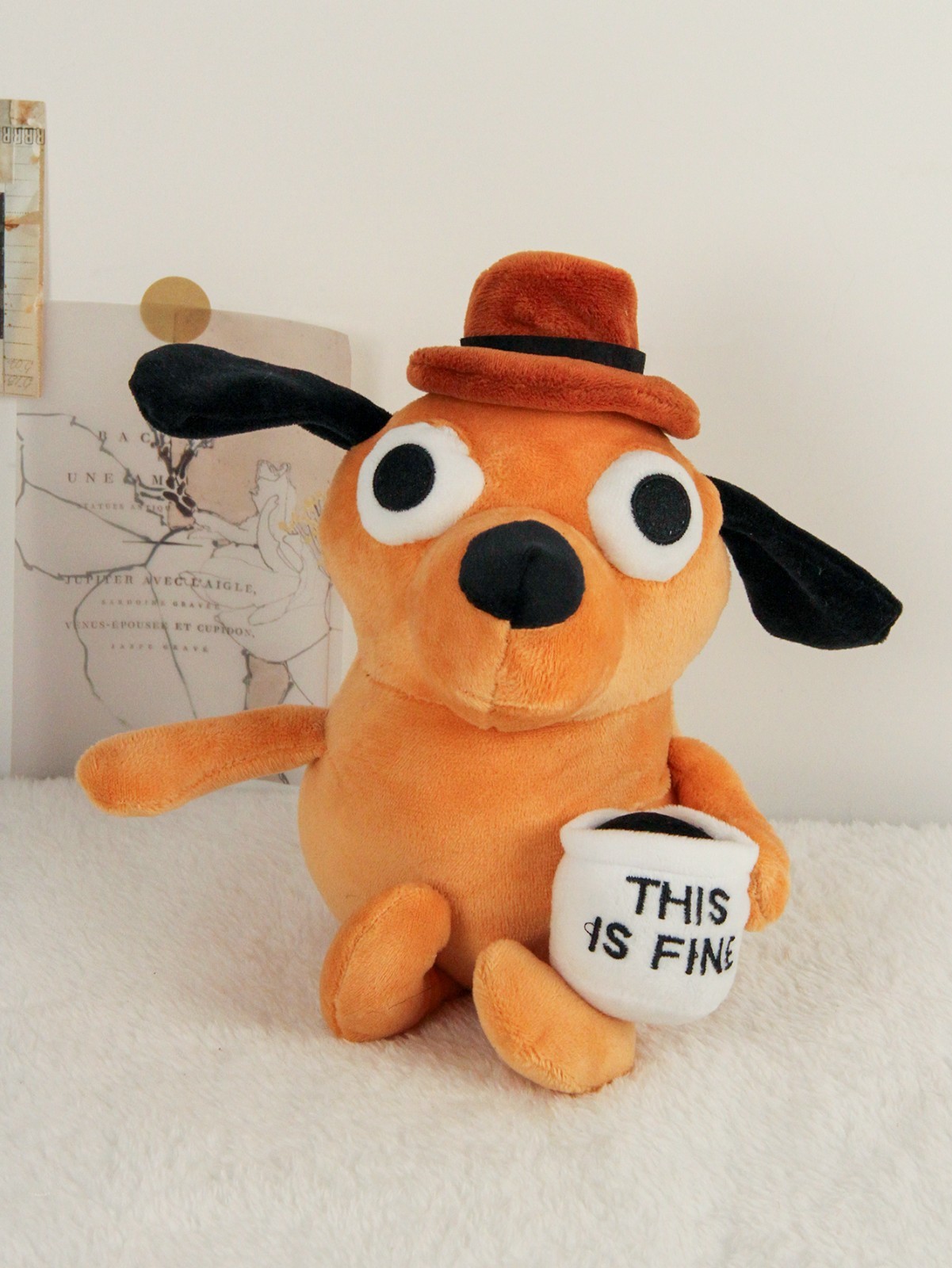 This Is Fine Meme Dog Plush Toy 9.45in Funny Coffee Cup Puppy Stuffed Animal