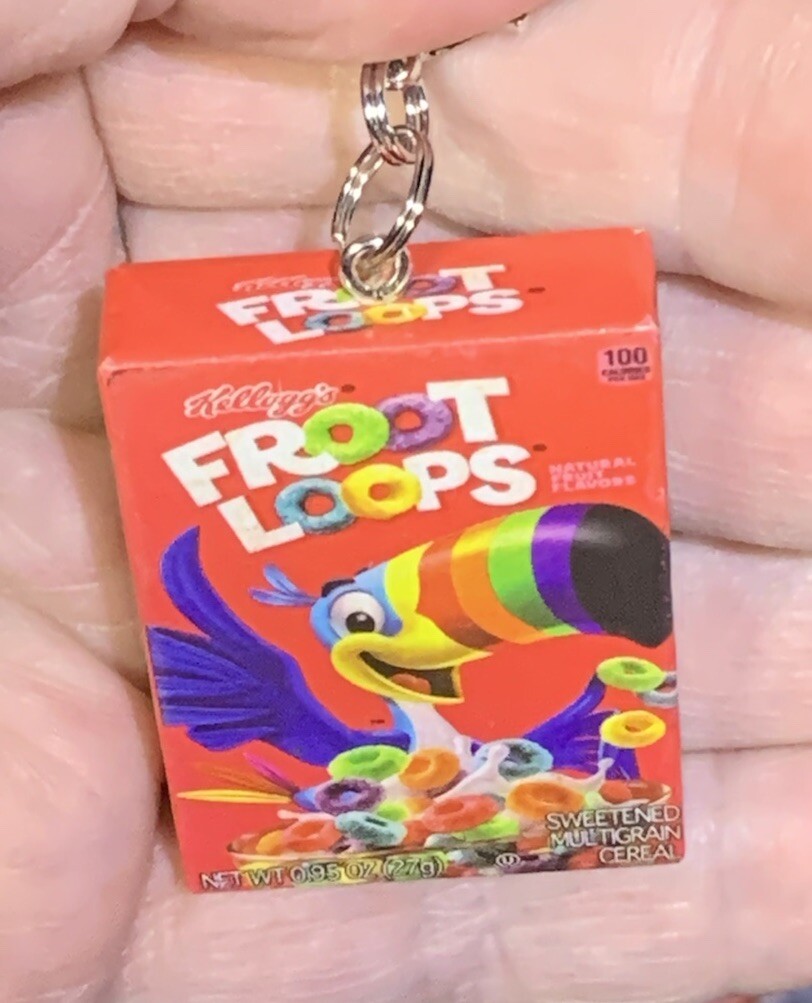 3D Froot Loops Double Sided Cereal Box Charm Zipper Pull & Keychain Add On Clip