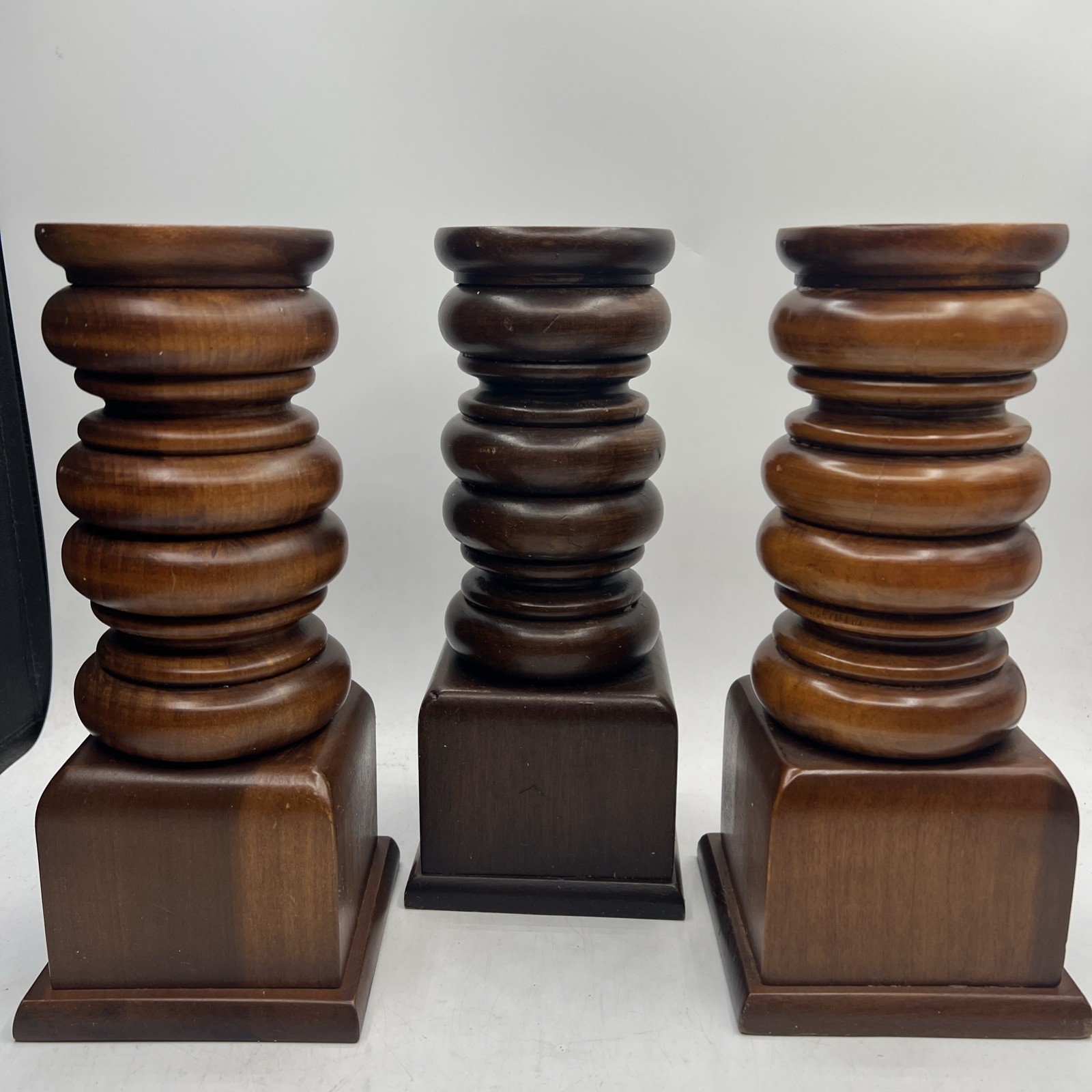 Vintage Chunky Ornate Turned Wood 10” Pillar Candleholders Lot Of 3 Wooden