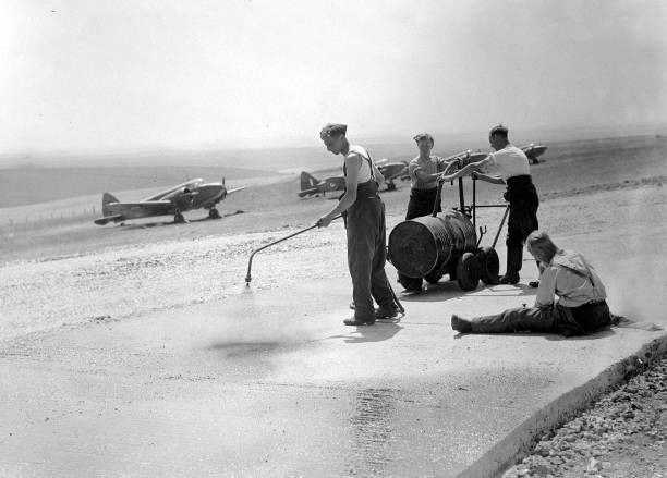 R A F men repairing a runway airfield west England 1942 Historic Old Photo