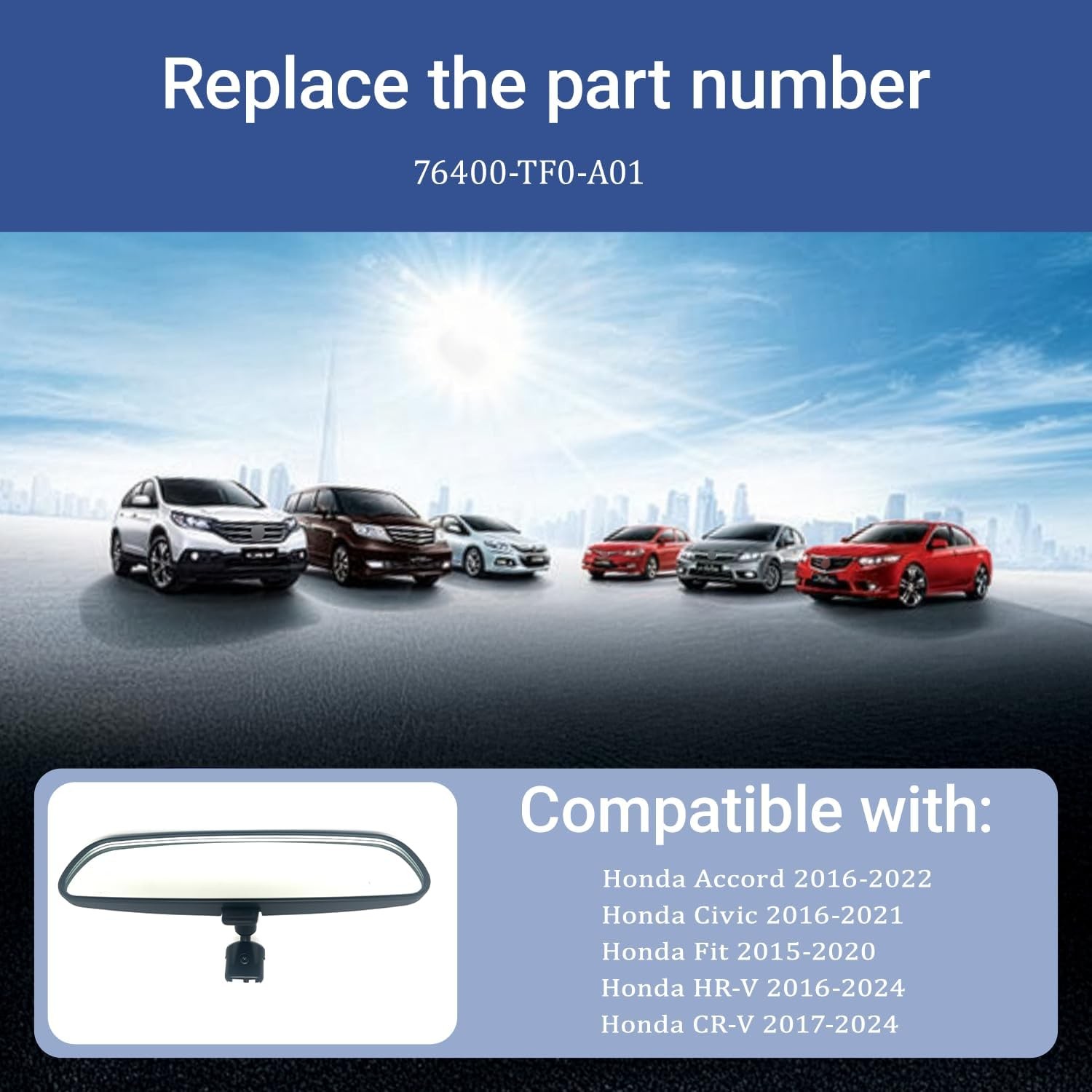 Rear View Mirror Compatible with 2016-2021 Honda Civic,2015-2020 Fit,2016-2022 A