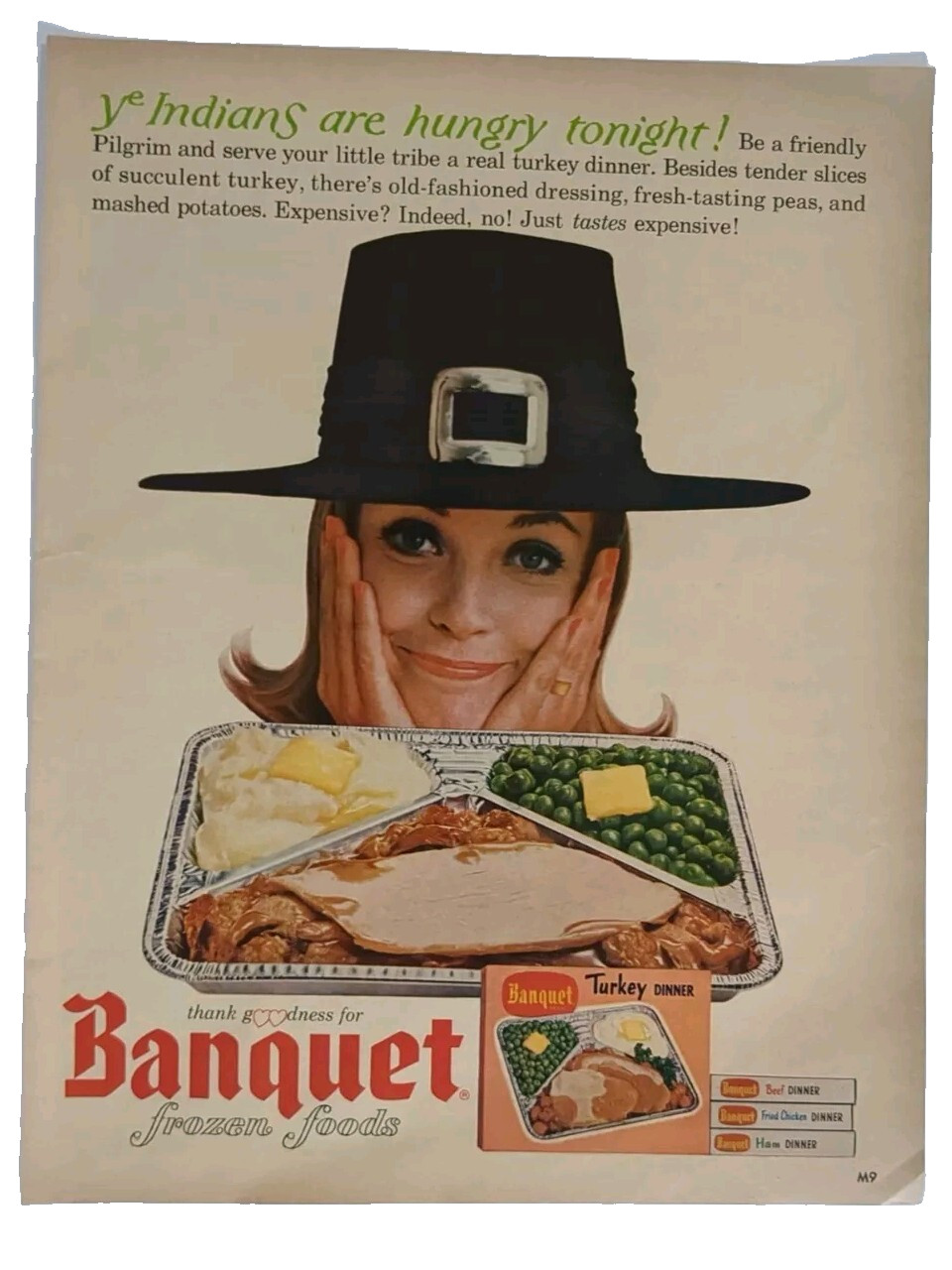 Banquet Frozen Thanksgiving Turkey TV Dinner Pilgrim Vtg Magazine Print Ad 1964
