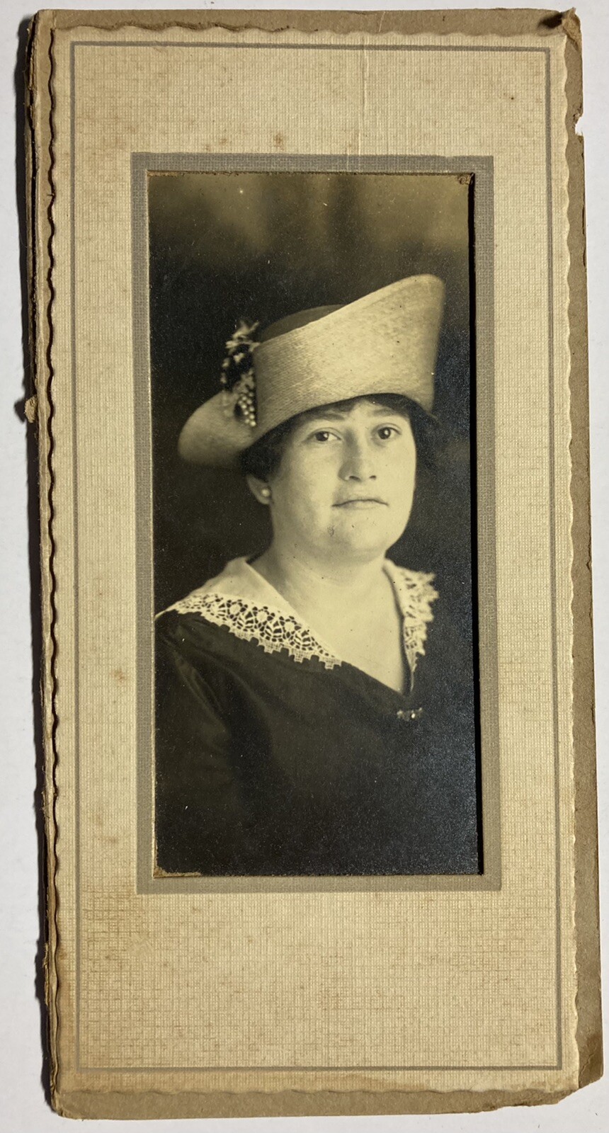 Pretty Woman In Dressy Hat Photo Sepia Matted Antique Picture Folder