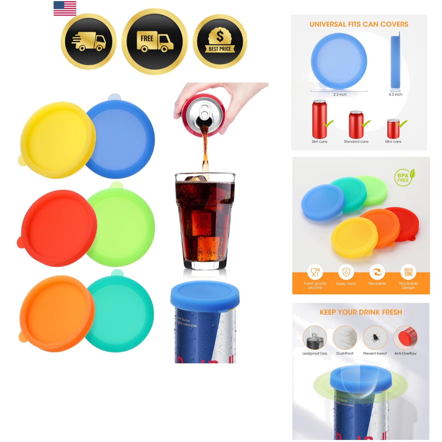 Soda Can Lids Reusable Silicone Can Covers Fits Slim Standard Mini Cans 6 Pack