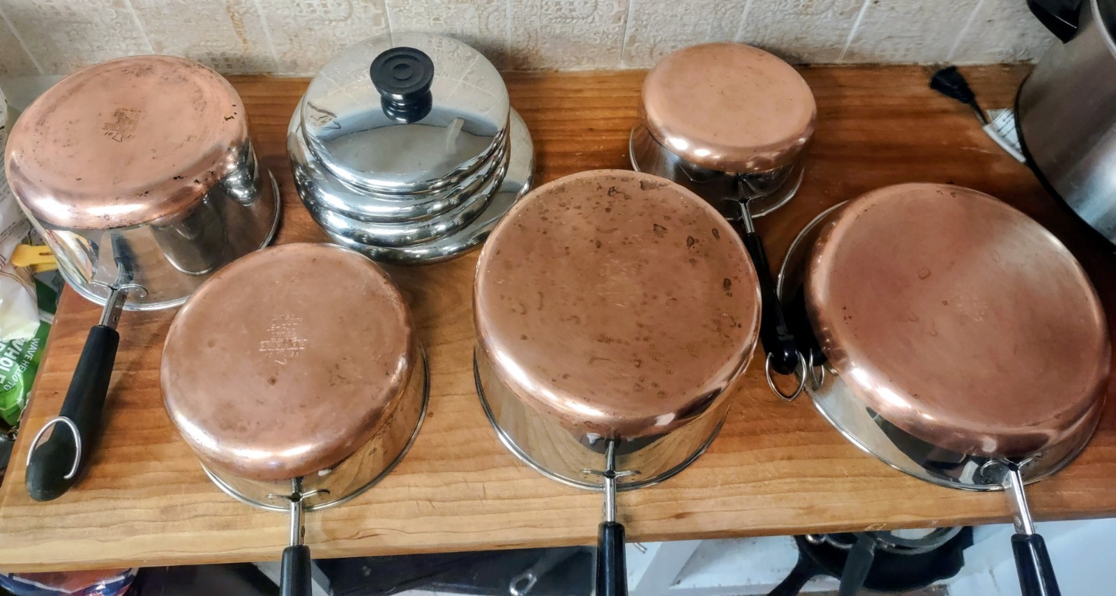 1801 Revere Ware 9pcs Copper Bottom Pots 1qt, 1.5qt,2qt,3qt,Lids,9in skillet,USA