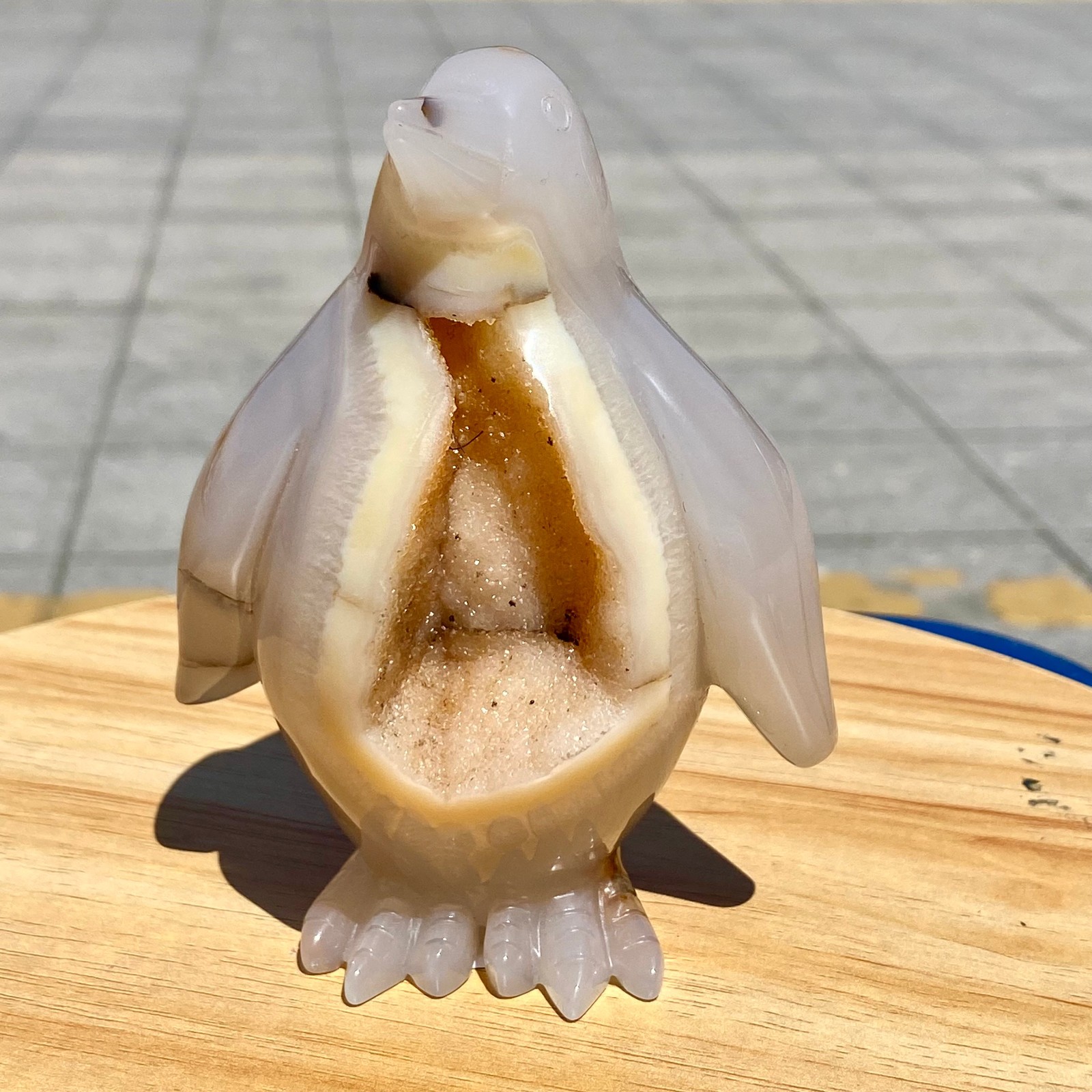450G Natural Agate Hand Carved Penguin Figurine, Cute Crystal Animal Statue