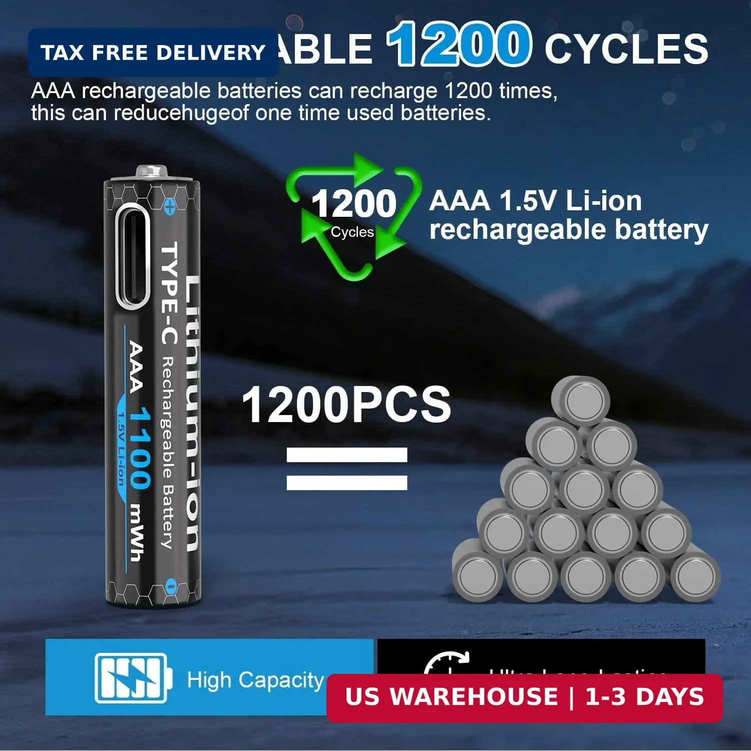 USB Rechargeable AAA Lithium Batteries 1100mWh (4-Pack, 1.5V), Triple A Batterie