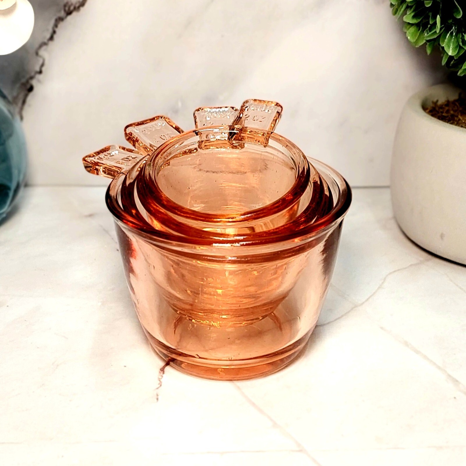 4 PC Nesting Measuring Cups, Pink Amber Depression Style Glass, Vintage Kitchen
