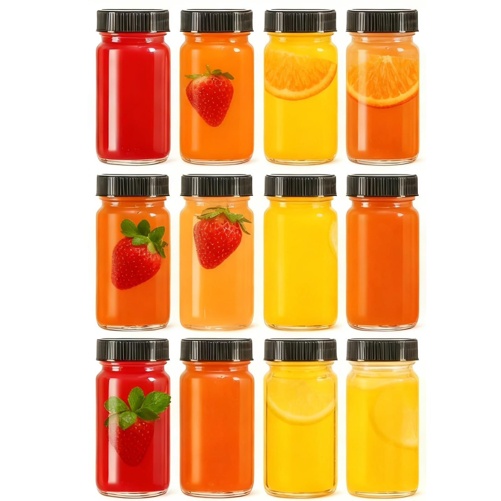 2 oz Glass Shot Mini Bottles with Black Lids Reusable Leakage-Proof Clear Jar