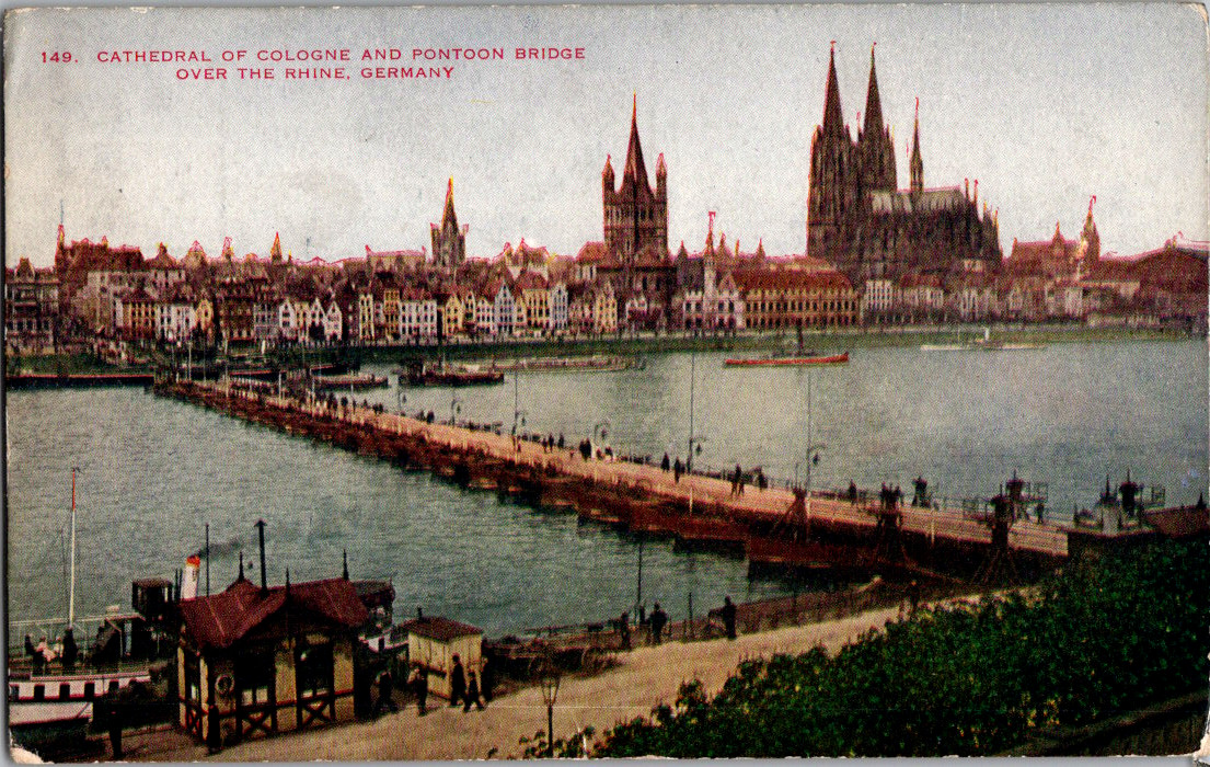 Postcard Cologne Cathedraal & Pontoon Bridge Over Rhine River Germany See Photos