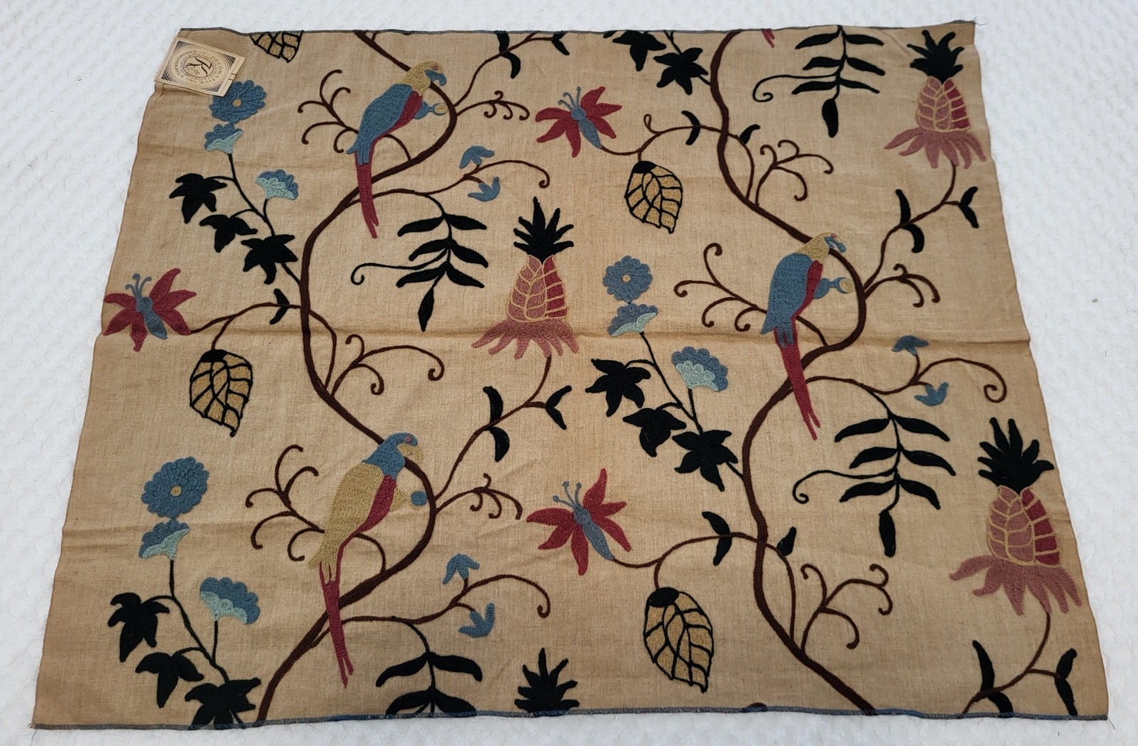 Vintage Crewel Embroidered Linen Fabric Panel Birds Floral 36” x 28” Craft Home