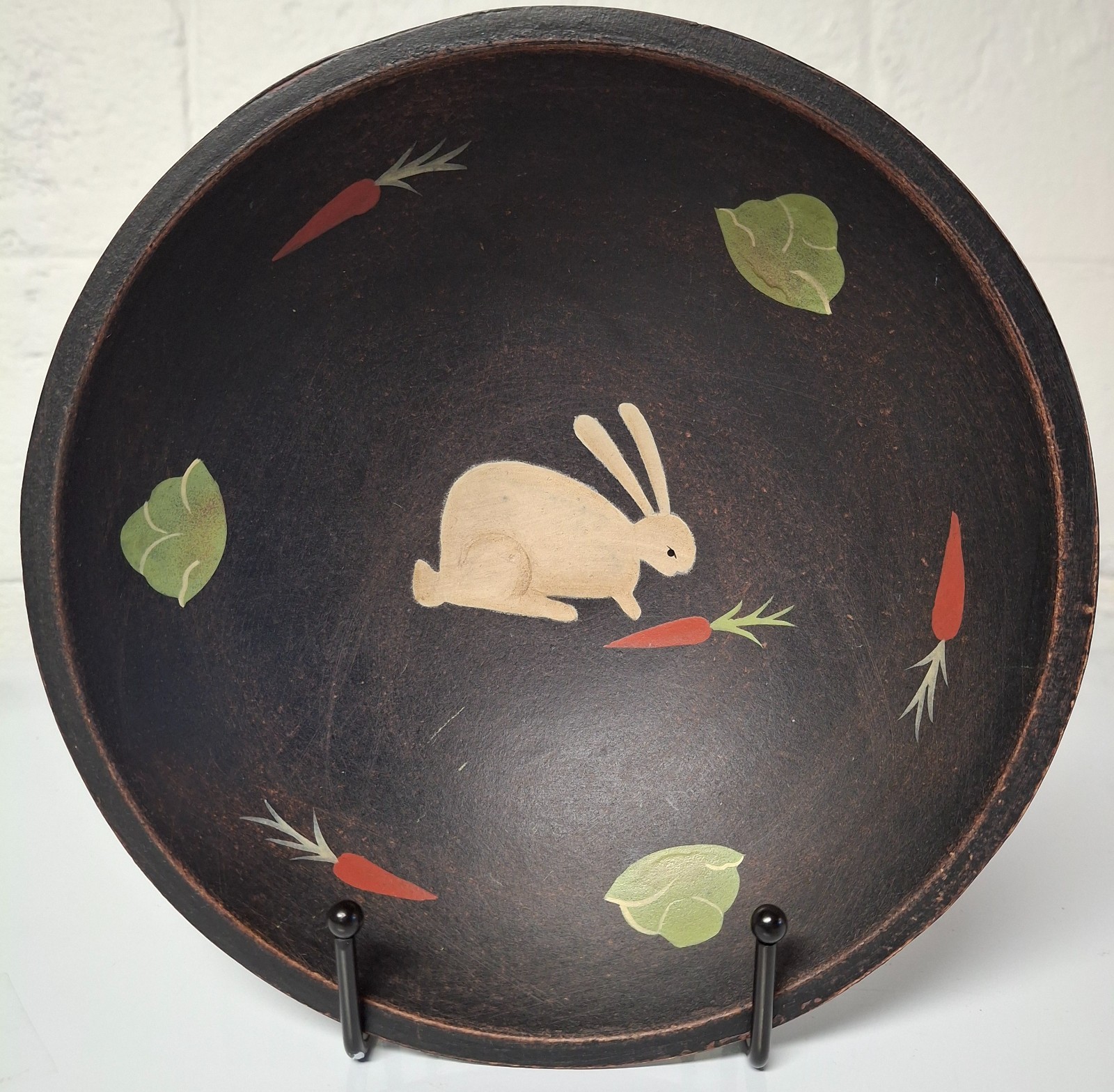 Folk art style hand painted white rabbit dish 8″diameter.